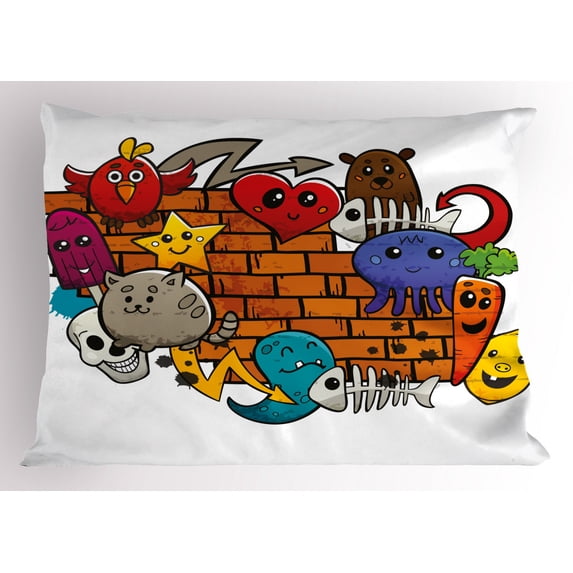 Ambesonne Graffiti Pillow Sham, Cartoon Cat Bird Skull, 26" X 20", Multicolor