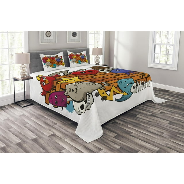 Ambesonne Graffiti Quilted Bedspread Set 3 Pcs, Cartoon Cat Bird Skull, Queen Size, Multicolor