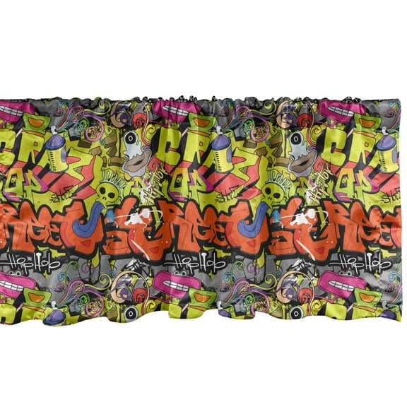 Ambesonne Graffiti Window Valance, Contemporary Style Hip Hop Funky Grunge Culture Skull Underground Illustration, Curtain Valance for Kitchen Bedroom Decor with Rod Pocket, 54" X 18", Multicolor