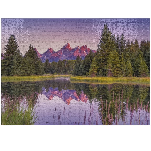 Ambesonne Grand Tetons Jigsaw Puzzle Durable Cardboard, Trees and Snake River, 1000 pcs, Evergreen and Violet