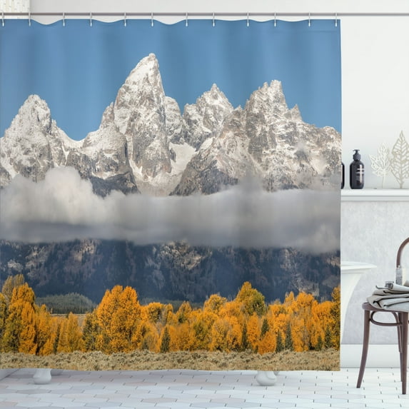 Ambesonne Grand Tetons Shower Curtain, Mountain Tree Cloud, 69"Wx75"L, Blue Grey Pale Coffee