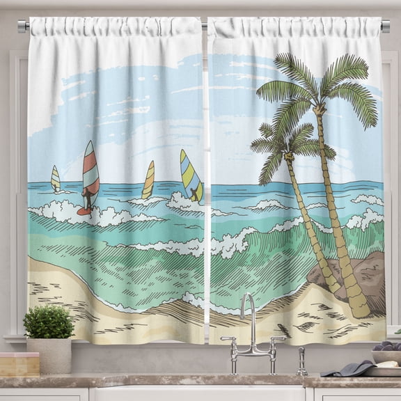 Ambesonne Graphic Beach Kitchen Curtains, Windsurfing Sketch, 55"x45", Multicolor