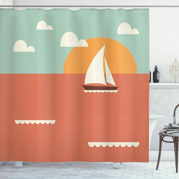Ambesonne Graphic Beach Shower Curtain, Sailboat Dawning Sun, 69"Wx70"L, Coral Seafoam