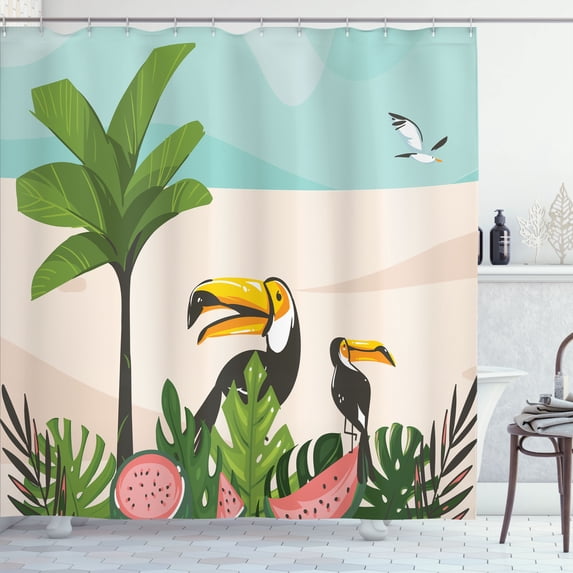 Ambesonne Graphic Beach Shower Curtain, Watermelons Toucans, 69"Wx84"L, Multicolor