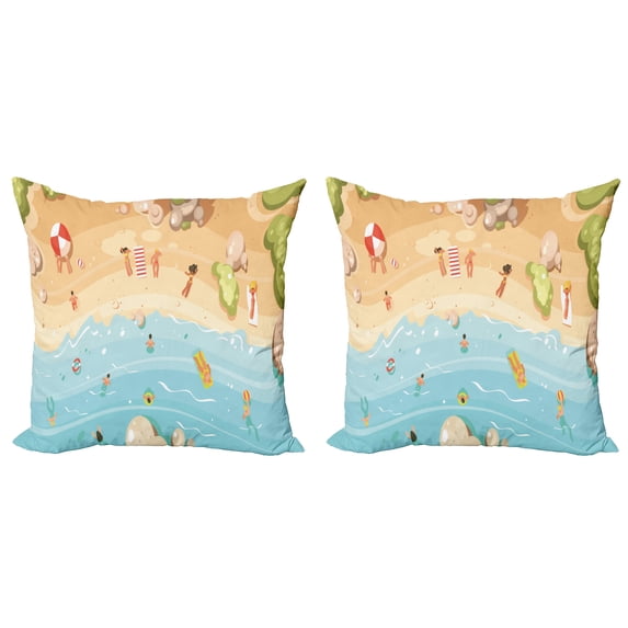 Ambesonne Graphic Beach Throw Pillow Cover 2 Pack, Cartoon Coast Fun, 16", Multicolor