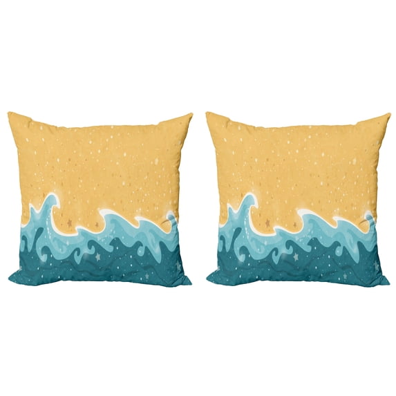Ambesonne Graphic Beach Throw Pillow Cover 2 Pack, Grange Waves Stars, 18", Mustard Petrol Blue