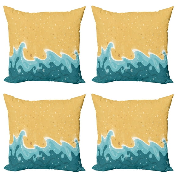 Ambesonne Graphic Beach Throw Pillow Cover 4 Pack, Grange Waves Stars, 20", Mustard Petrol Blue