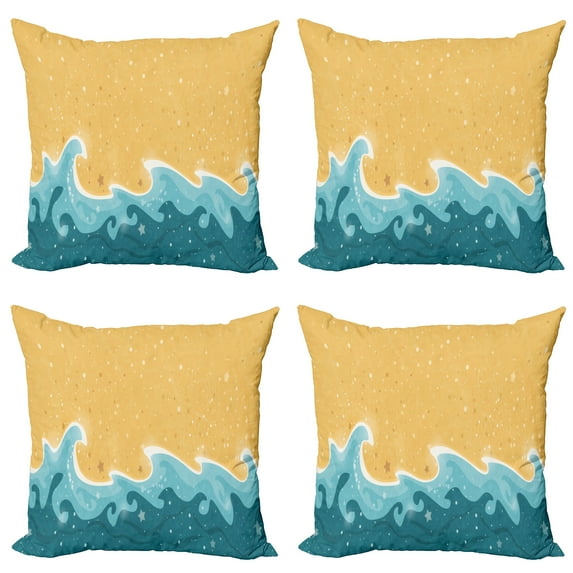 Ambesonne Graphic Beach Throw Pillow Cover 4 Pack, Grange Waves Stars, 24", Mustard Petrol Blue