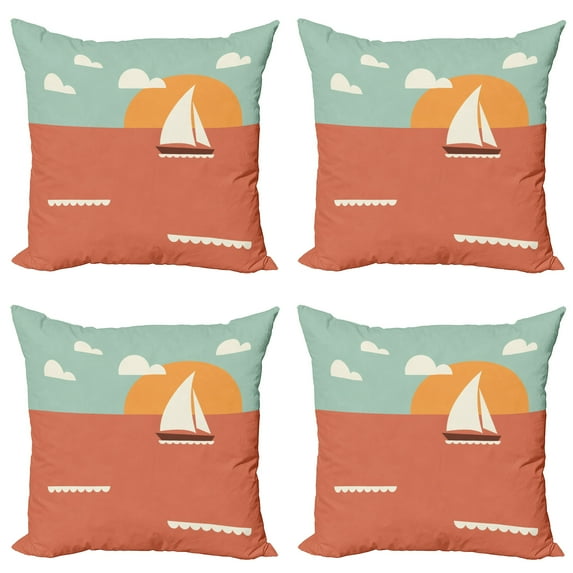 Ambesonne Graphic Beach Throw Pillow Cover 4 Pack, Sailboat Dawning Sun, 18", Coral Seafoam