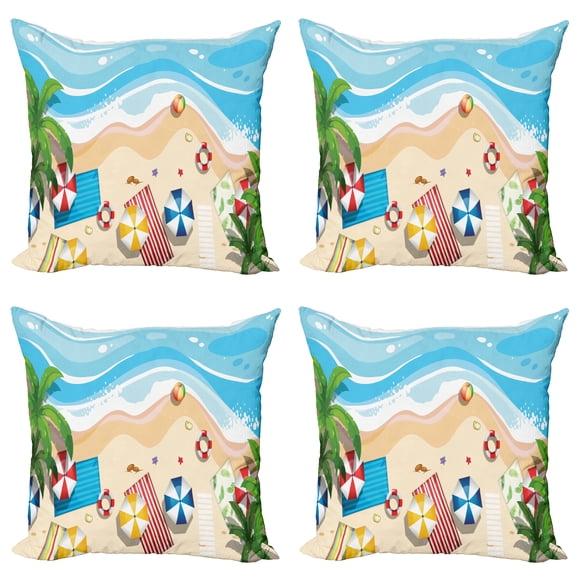 Ambesonne Graphic Beach Throw Pillow Cover 4 Pack, Summer Fun Cartoon, 18", Multicolor