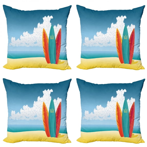 Ambesonne Graphic Beach Throw Pillow Cover 4 Pack, Surfboards on Coast, 18", Multicolor