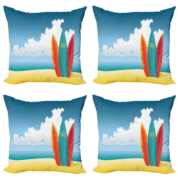 Ambesonne Graphic Beach Throw Pillow Cover 4 Pack, Surfboards on Coast, 24", Multicolor