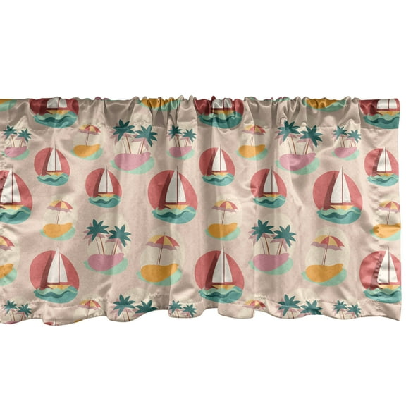 Ambesonne Graphic Beach Window Valance, Repetitive Summer Nautical Pattern with Sailboat Palms and Parasol, Curtain Valance for Kitchen Bedroom Decor with Rod Pocket, 54" X 12", Pale Peach Multicolor
