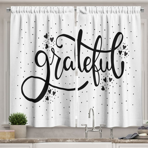 Ambesonne Gratitude Kitchen Curtains, Grateful Calligraphy Art, 55"x24", White and Charcoal Grey