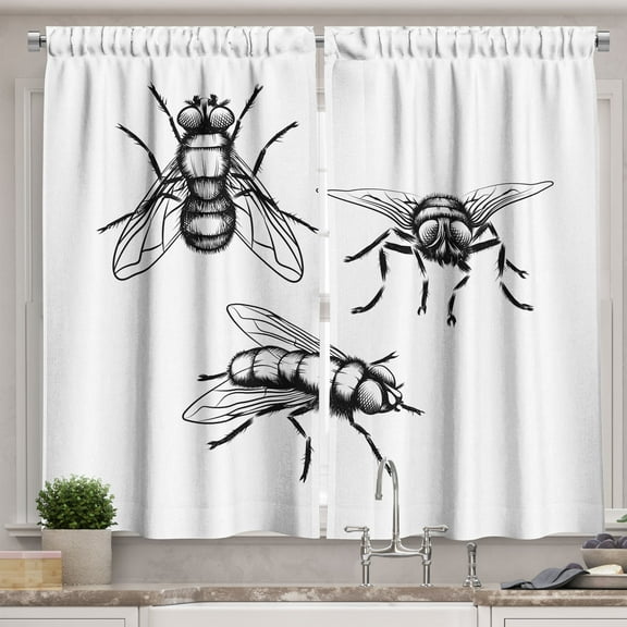 Ambesonne Grayscale Kitchen Curtains, Monochrome Drawn Flies, 55"x39", Dark Grey and White