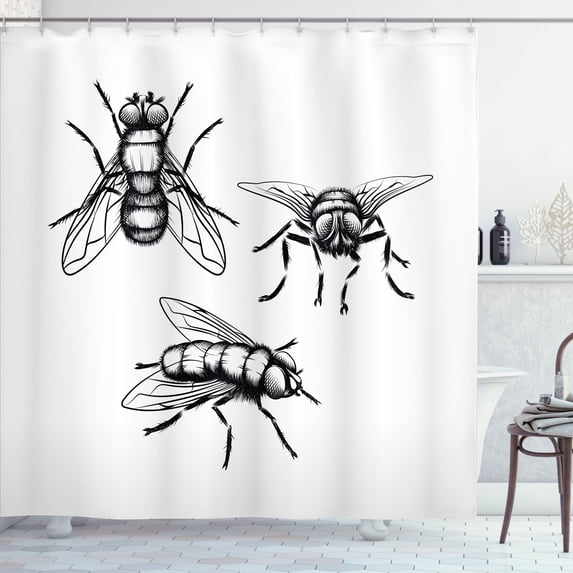 Ambesonne Grayscale Shower Curtain, Monochrome Drawn Flies, 69"Wx75"L, Dark Grey and White