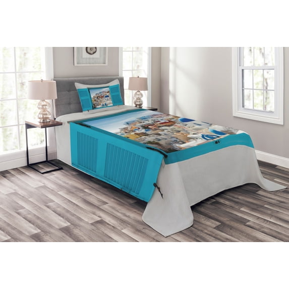 Ambesonne Greece Quilted Bedspread Set 2 Pcs, Window Old Shutters, Twin Size, Multicolor
