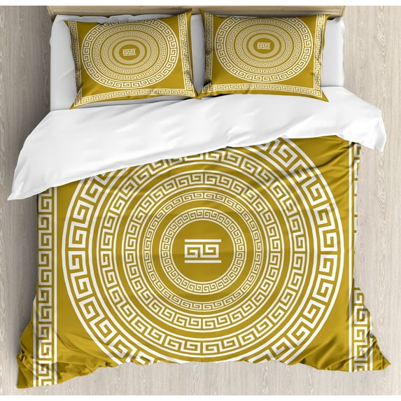 Ambesonne Greek Duvet Cover Set, Frieze Form Meander Lines, Queen, Pale Amber and White