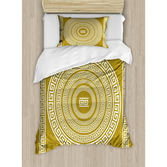 Ambesonne Greek Duvet Cover Set, Frieze Form Meander Lines, Twin, Pale Amber and White