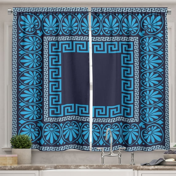 Ambesonne Greek Kitchen Curtains, Intricate Floral Fret Themed, 55"x45", Dark Blue and Blue