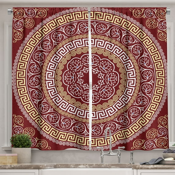 Ambesonne Greek Kitchen Curtains, Meanders and Flowers Form, 55"x45", Pale Yellow White and Ruby