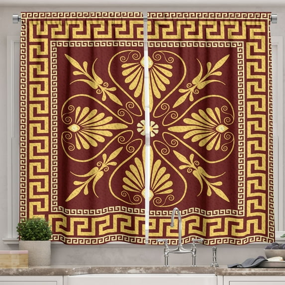 Ambesonne Greek Kitchen Curtains, Old Fashioned Frame Design, 55"x45", Yellow and Ruby
