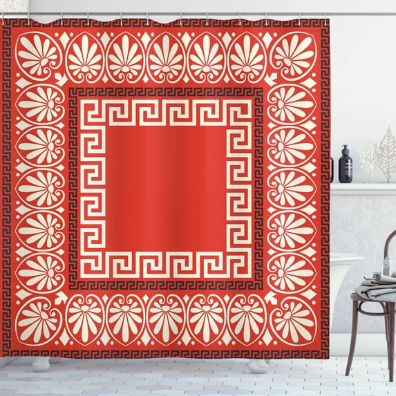 Ambesonne Greek Shower Curtain, Antique Grecian Pattern Print, 69"Wx70"L, Scarlet and White