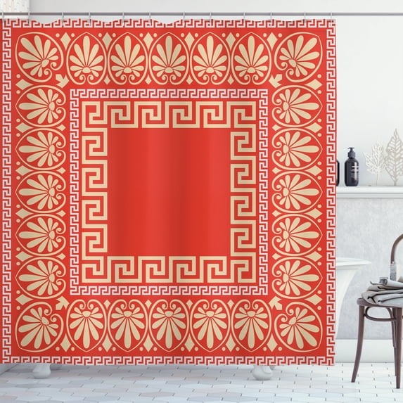 Ambesonne Greek Shower Curtain, Antique Grecian Pattern Print, 69"Wx70"L, Vermilion Ecru