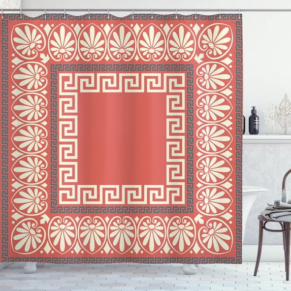 Ambesonne Greek Shower Curtain, Antique Grecian Pattern Print, 69"Wx84"L, Coral and Cream