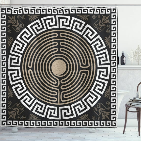 Ambesonne Greek Shower Curtain, Grecian Fret and Wave Theme, 69"Wx75"L, Dark Brown Coconut and Tan