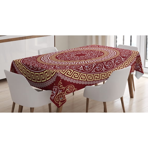 Ambesonne Greek Tablecloth Rectangular Table Cover, Meanders and Flowers Form, 52"x70", Pale Yellow White and Ruby