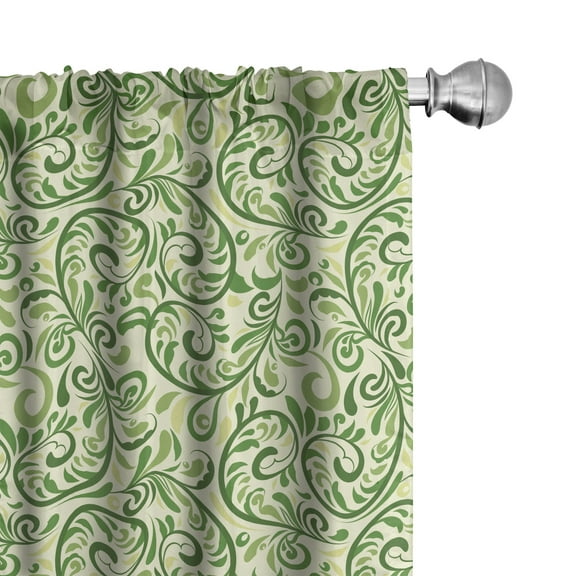 Ambesonne Green Window Curtains, Curly Ornate Leaf Damask, Each 28" W x 63" L, Pale Green Fern Green