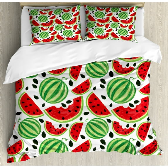 Ambesonne Green Abstract Duvet Cover Set, Watermelon, 2-Calking, Dark Pink Evergreen and White