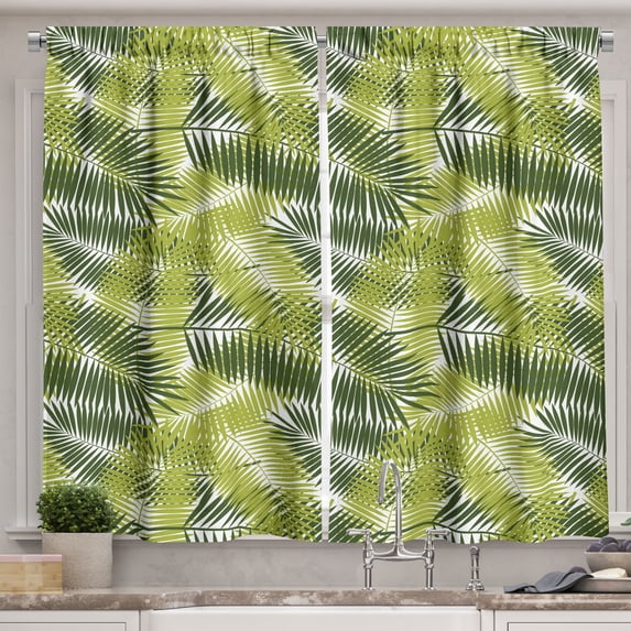 Ambesonne Green Abstract Kitchen Curtains, Hawaiian Palms Art, 55"x39", White