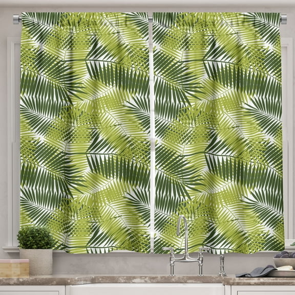 Ambesonne Green Abstract Kitchen Curtains, Hawaiian Palms Art, 55"x45", White