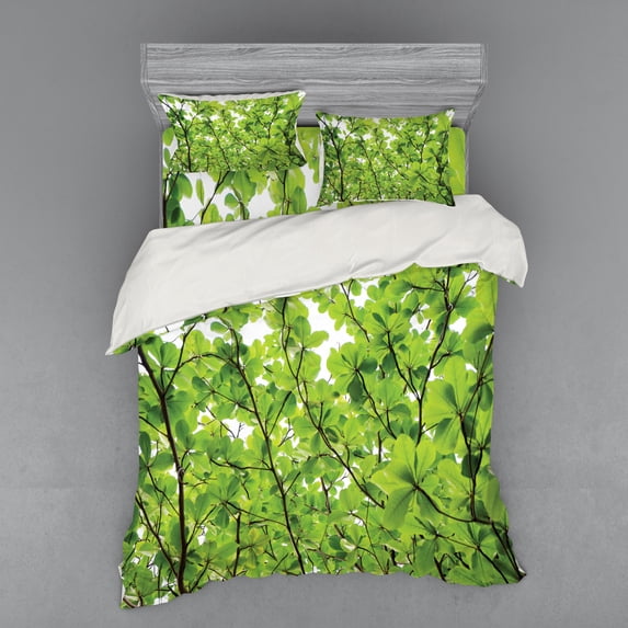 Ambesonne Green Bedding Set 4 Pcs, Summer Fresh Leaves, Queen, Green