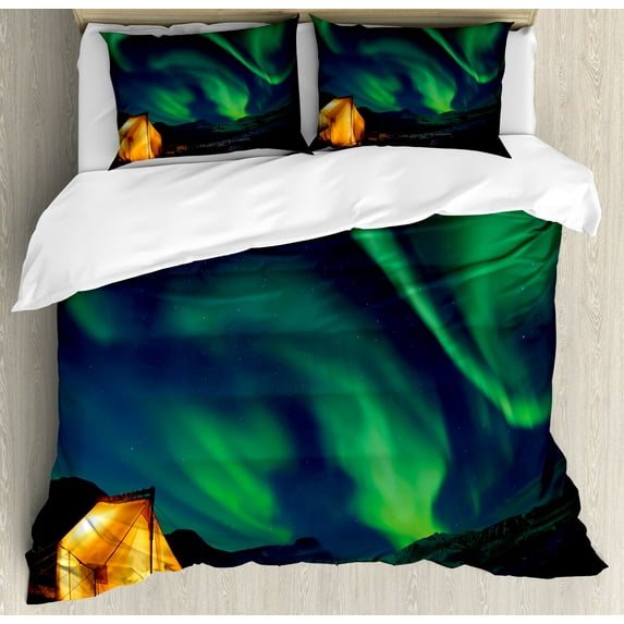 Ambesonne Green Blue Duvet Cover Sets, Sky Nordic Camping, 2-King, Forest Green Yellow
