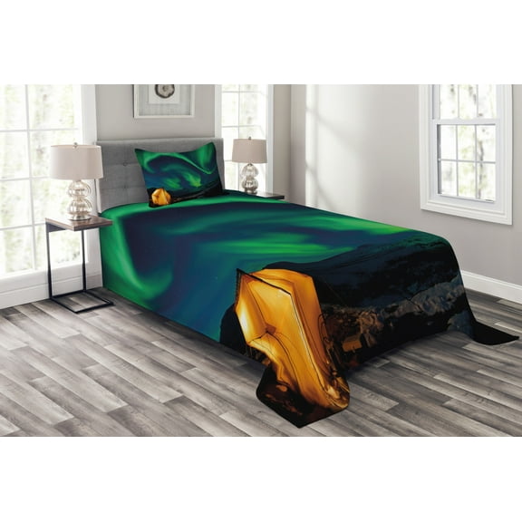 Ambesonne Green Blue Quilted Bedspread Set 2 Pcs, Sky Nordic Camping, Twin Size, Forest Green Yellow