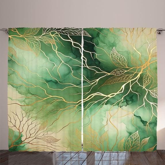 Ambesonne Green Curtains 2 Panel Set, Dreamy Outline Branch Leaves, 108" x 96", Seafoam Peach Salmon