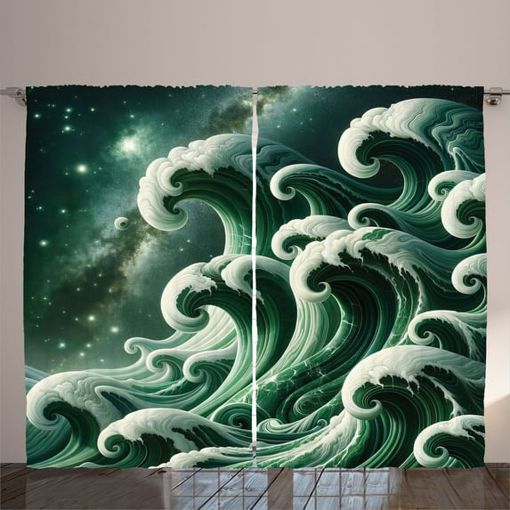 Ambesonne Green Curtains 2 Panel Set, Marble Print Waves Galaxy Sky, 108" x 63", Dark Teal