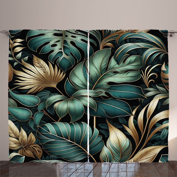 Ambesonne Green Curtains 2 Panel Set, Night Jungle Leaves Jade Tone, 108" x 108", Petrol Blue Khaki Teal