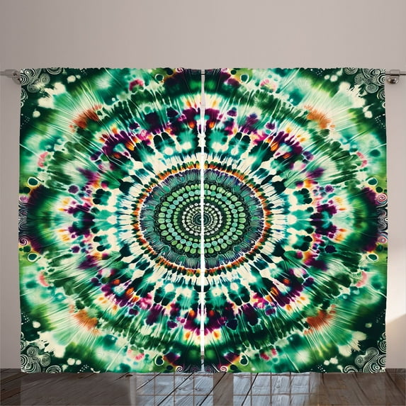 Ambesonne Green Curtains 2 Panel Set, Tie Dye Mandala Hippie Art, 108" x 63", Plum Ginger and Jade Green