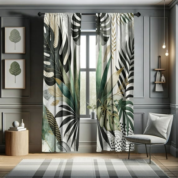 Ambesonne Green Curtains, Exotics Scenario of Leaves, Pair of 28"x63", Teal Pale Khaki Fawn