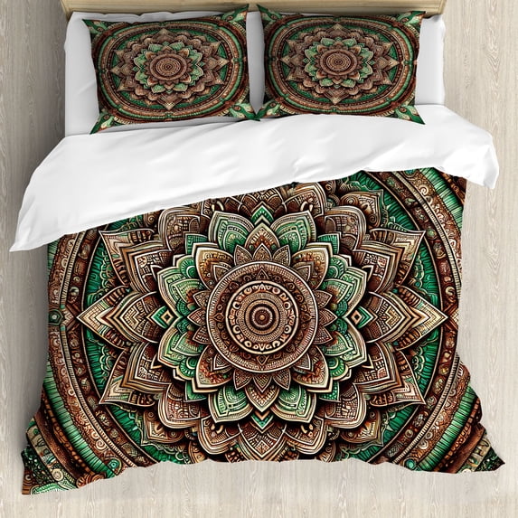 Ambesonne Green Duvet Cover Set, Bicolor Folk Mandala Ethnic, Calking, Chestnut Brown
