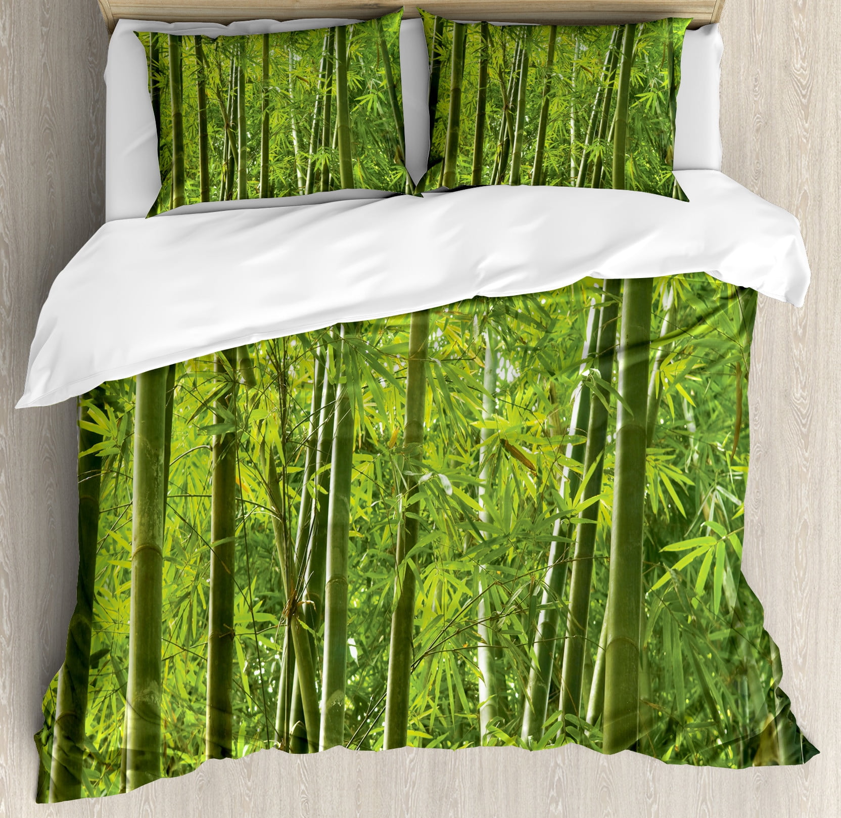 Green Bamboo Print Queen Duvet Cover Set with Shams