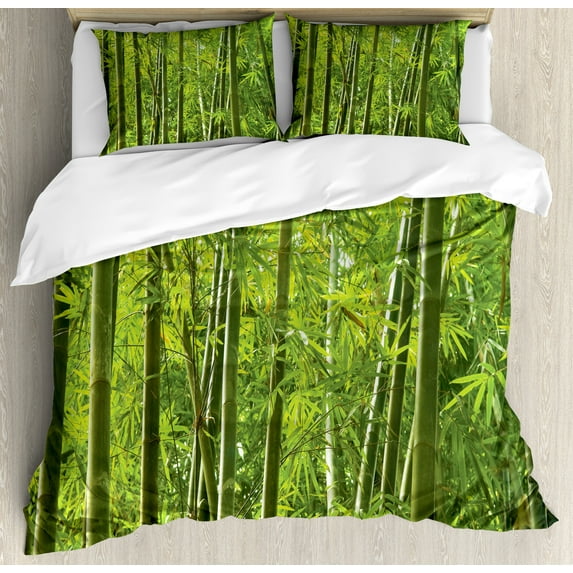 Ambesonne Green Duvet Cover Set, Exotic Tropical Asian Leaf, Queen, Green