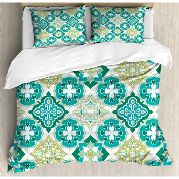 Ambesonne Green Duvet Cover Set, Geometric Colored Tiles, Queen, Green Teal White
