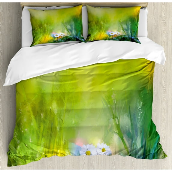 Ambesonne Green Duvet Cover Set, Pastoral Chamomile, 2-Calking, Green White