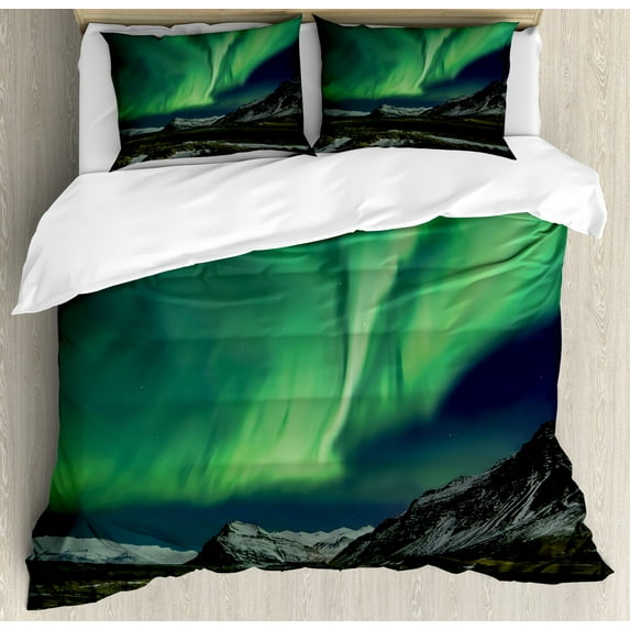 Ambesonne Green Duvet Cover Set, Polaris Mountain, 2-Calking, Army Green Blue Grey