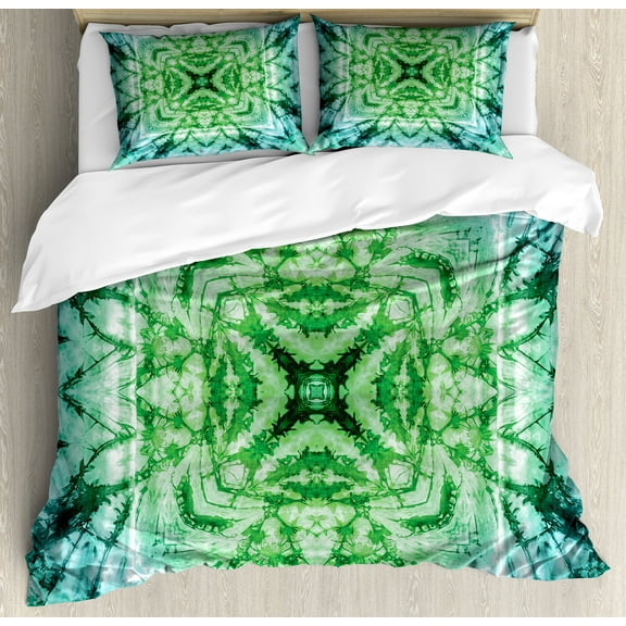 Ambesonne Green Duvet Cover Set, Tie Dye Effect Bohemian, King, Green and Teal